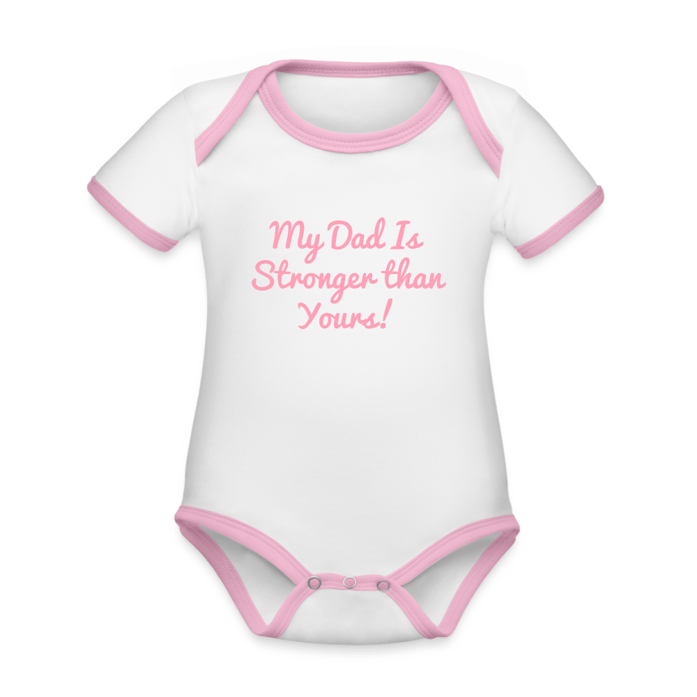 DoD Stronger Than Yours Organic Contrast Short Sleeve Baby Bodysuit - white/pink