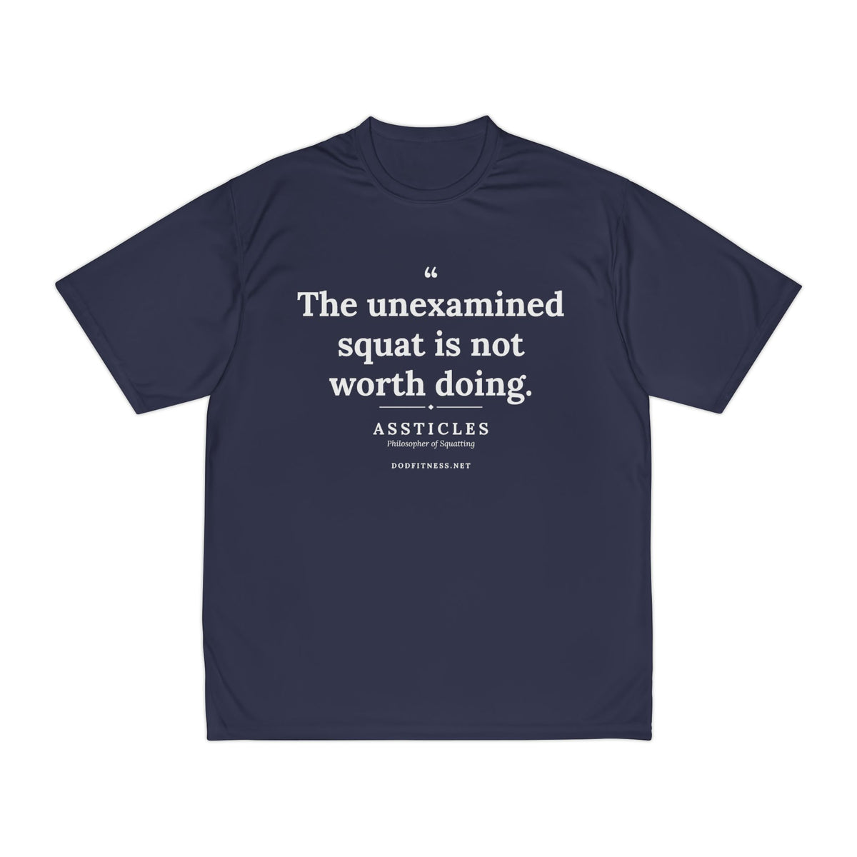 Assticles - The Unexamined Squat performance tee in Navy - funny gym shirt by DoD Fitness
