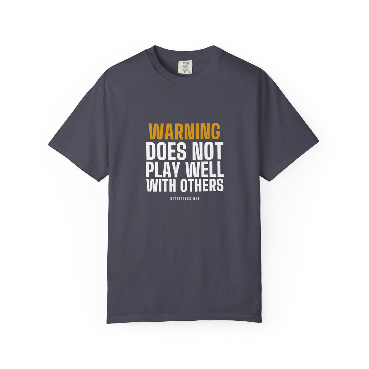 Warning Label men's tee in Navy - funny gym shirt by DoD Fitness