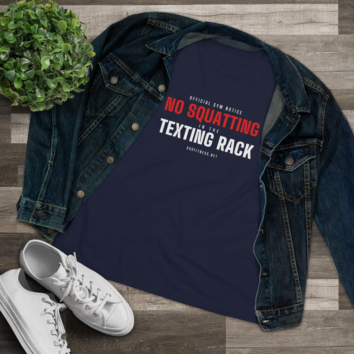 No Squatting Texting Rack women's tee - funny gym shirt by DoD Fitness