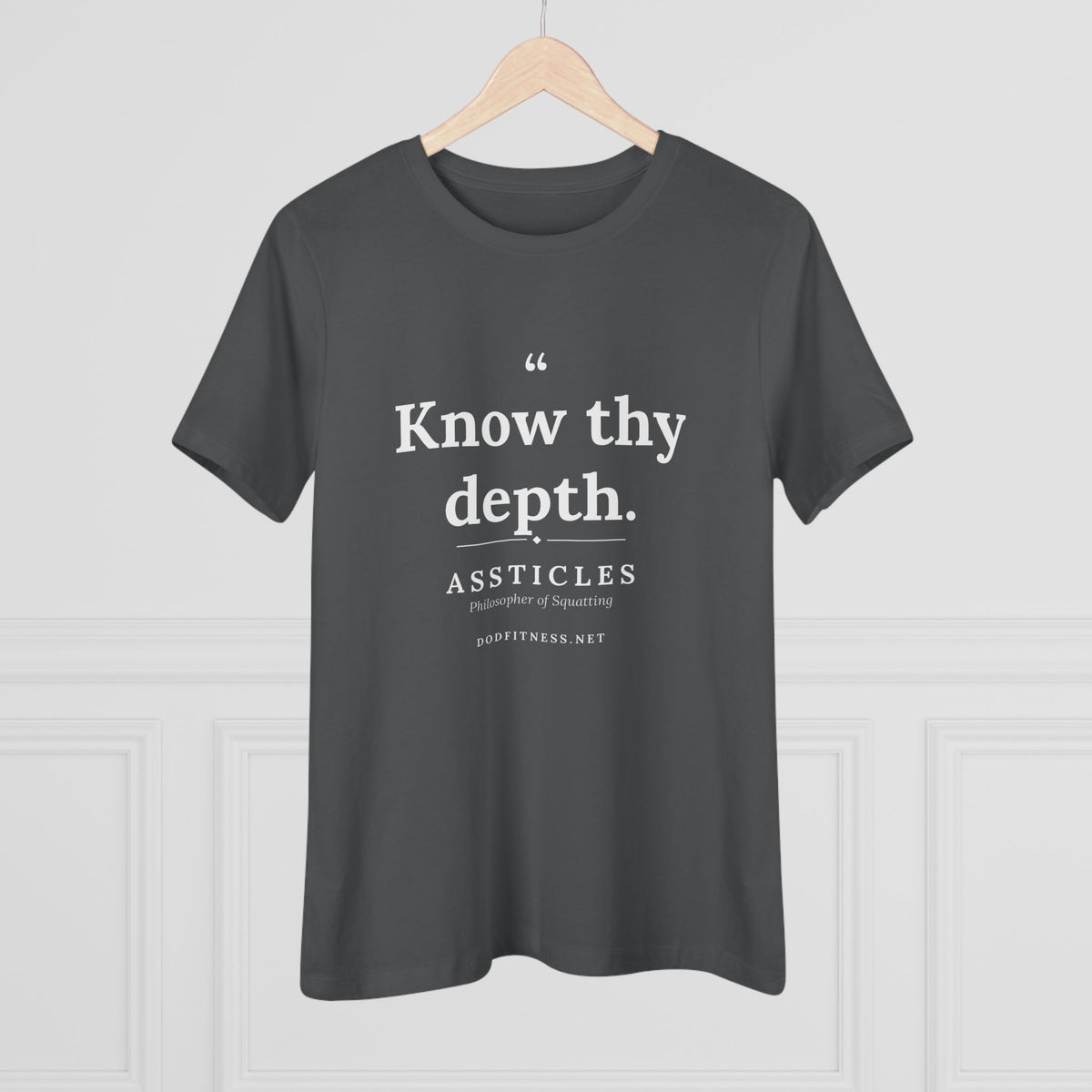 Assticles - Know Thy Depth women's tee in Asphalt - funny gym shirt by DoD Fitness