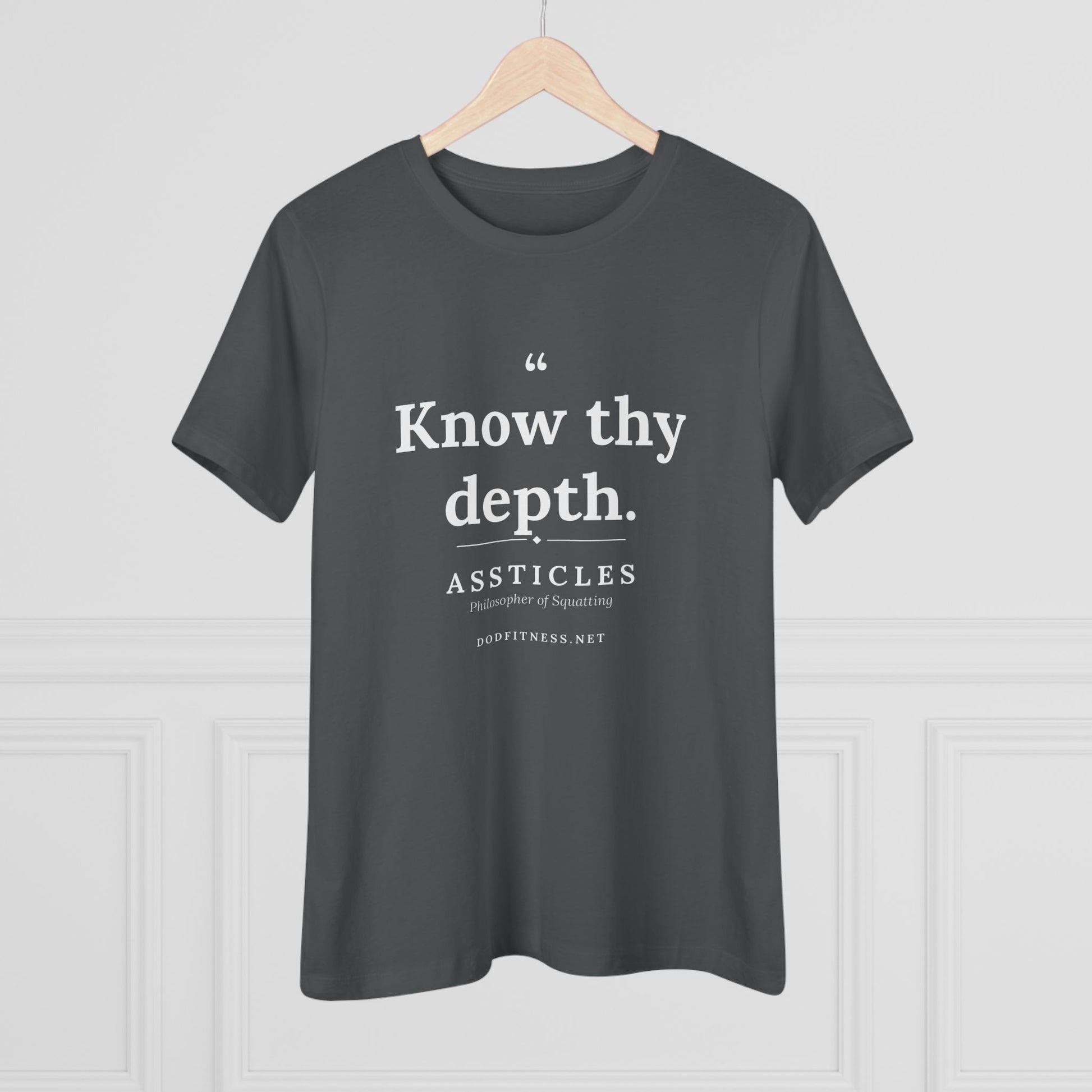Assticles - Know Thy Depth women's tee in Asphalt - funny gym shirt by DoD Fitness