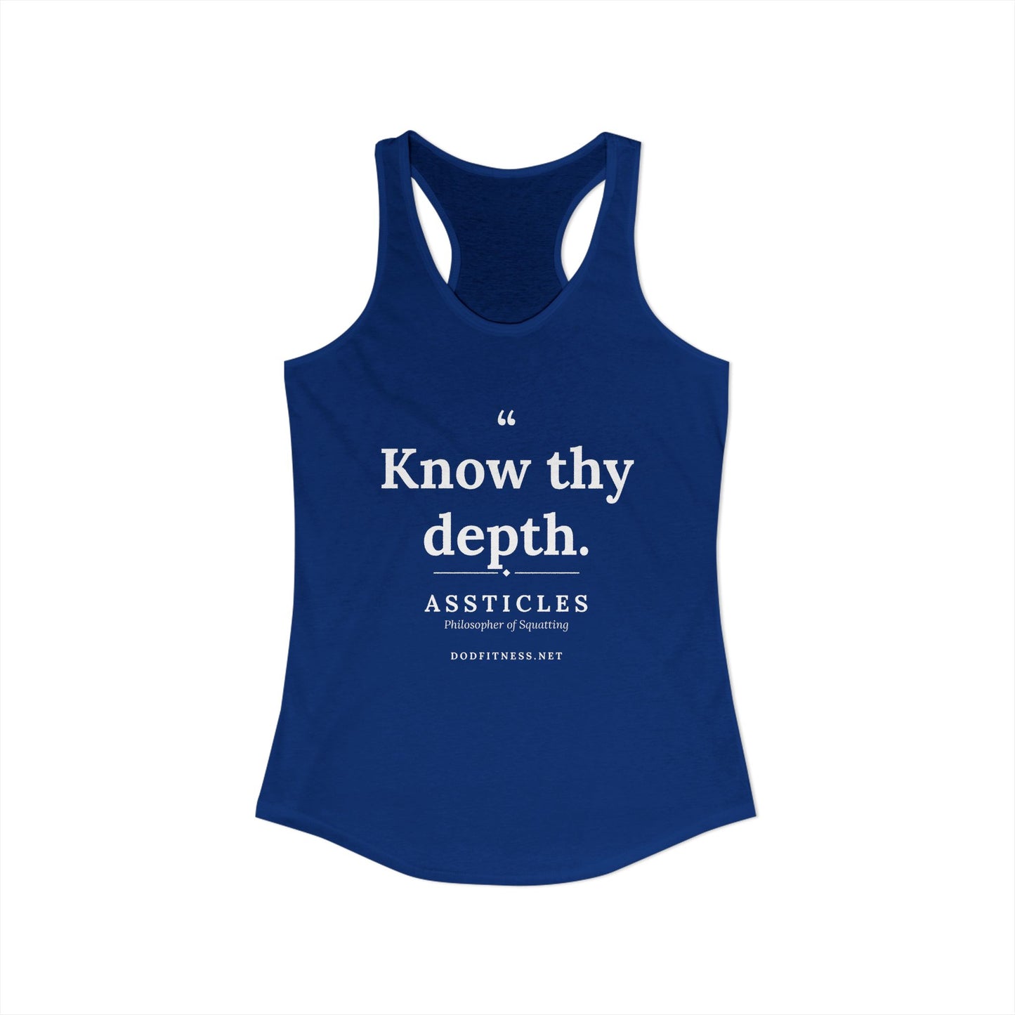 Assticles - Know Thy Depth women's racerback tank in Solid Royal - funny gym tank by DoD Fitness