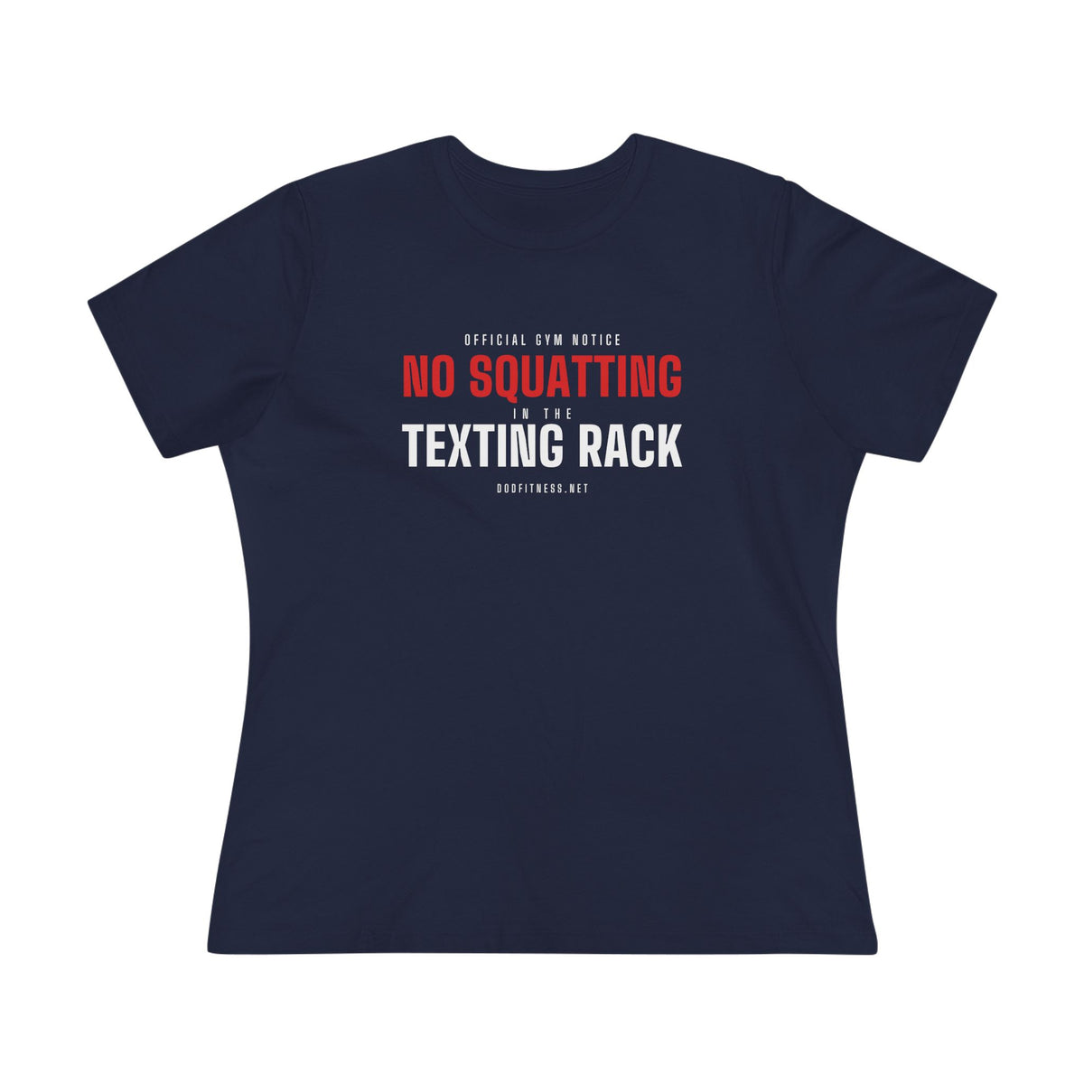 No Squatting Texting Rack women's tee in Team Purple - funny gym shirt by DoD Fitness