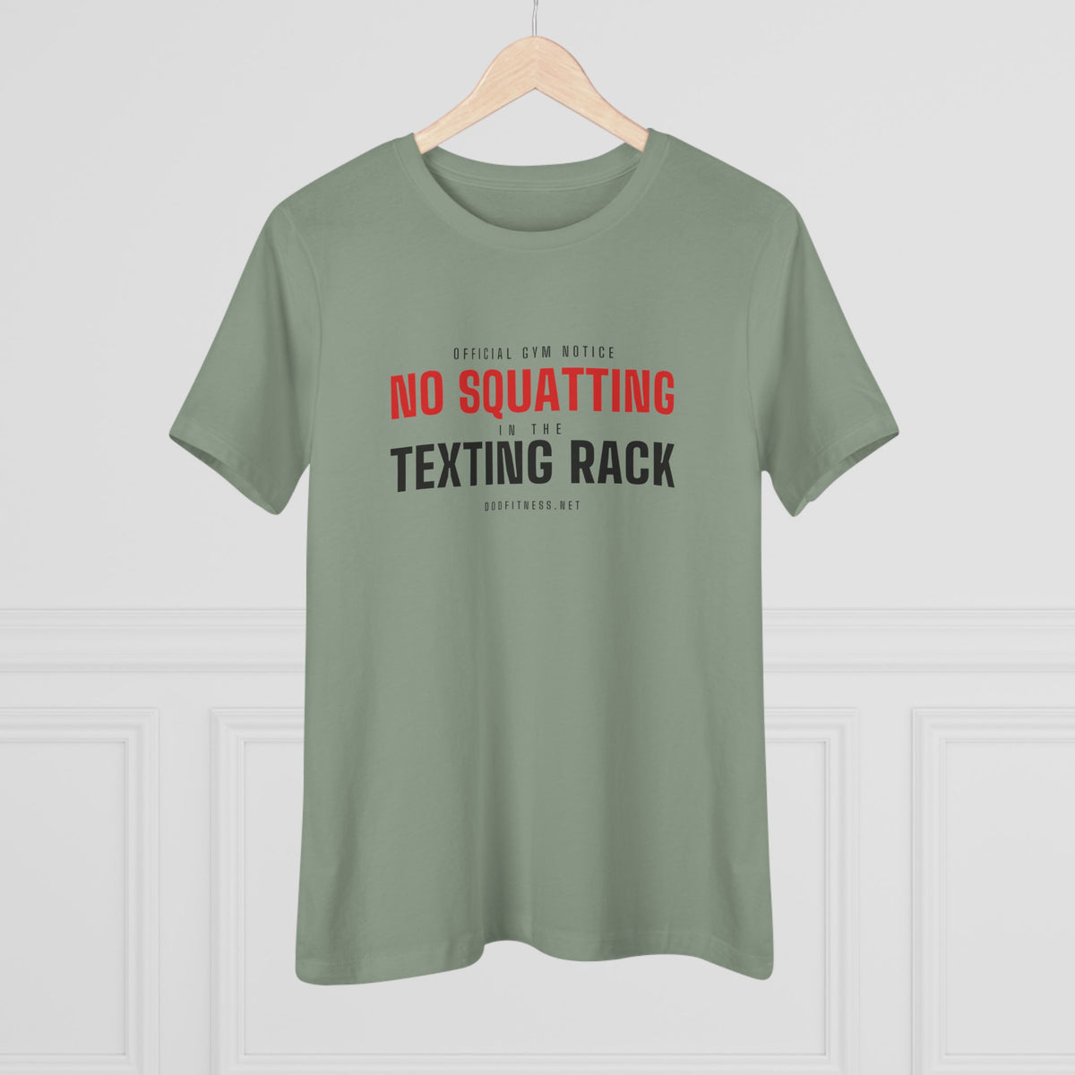 No Squatting Texting Rack women's tee - funny gym shirt by DoD Fitness