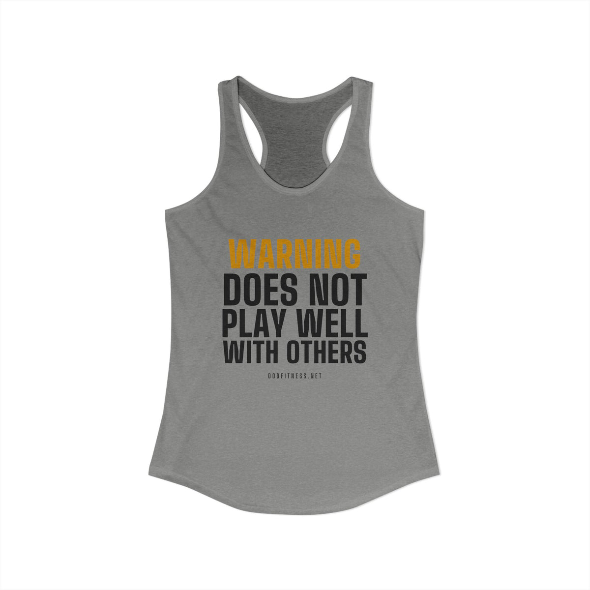 Warning Label women's racerback tank in Heather Grey - funny gym tank by DoD Fitness