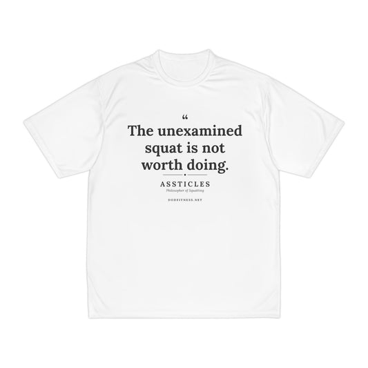 Assticles - The Unexamined Squat performance tee in White - funny gym shirt by DoD Fitness