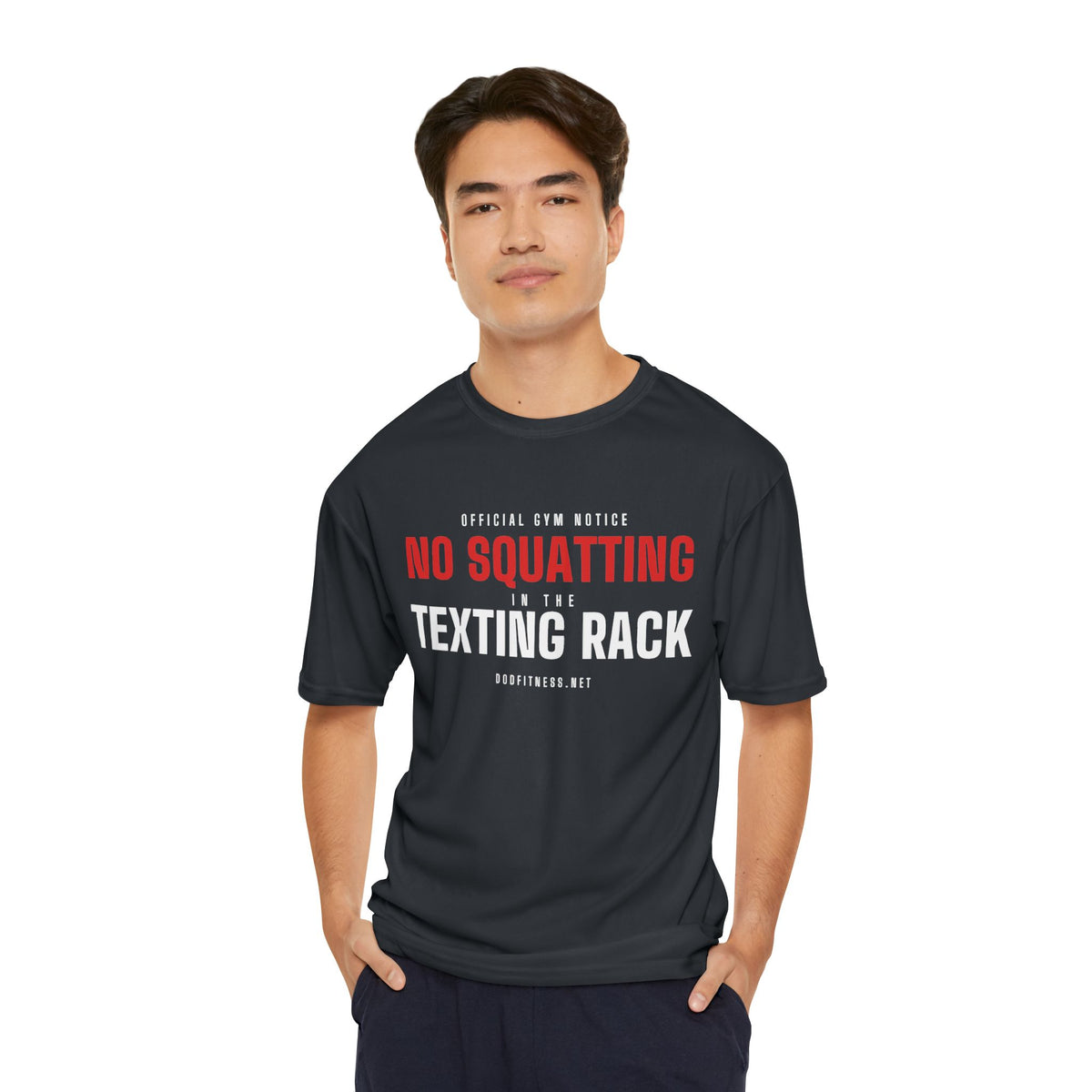 No Squatting Texting Rack performance tee - funny gym shirt by DoD Fitness