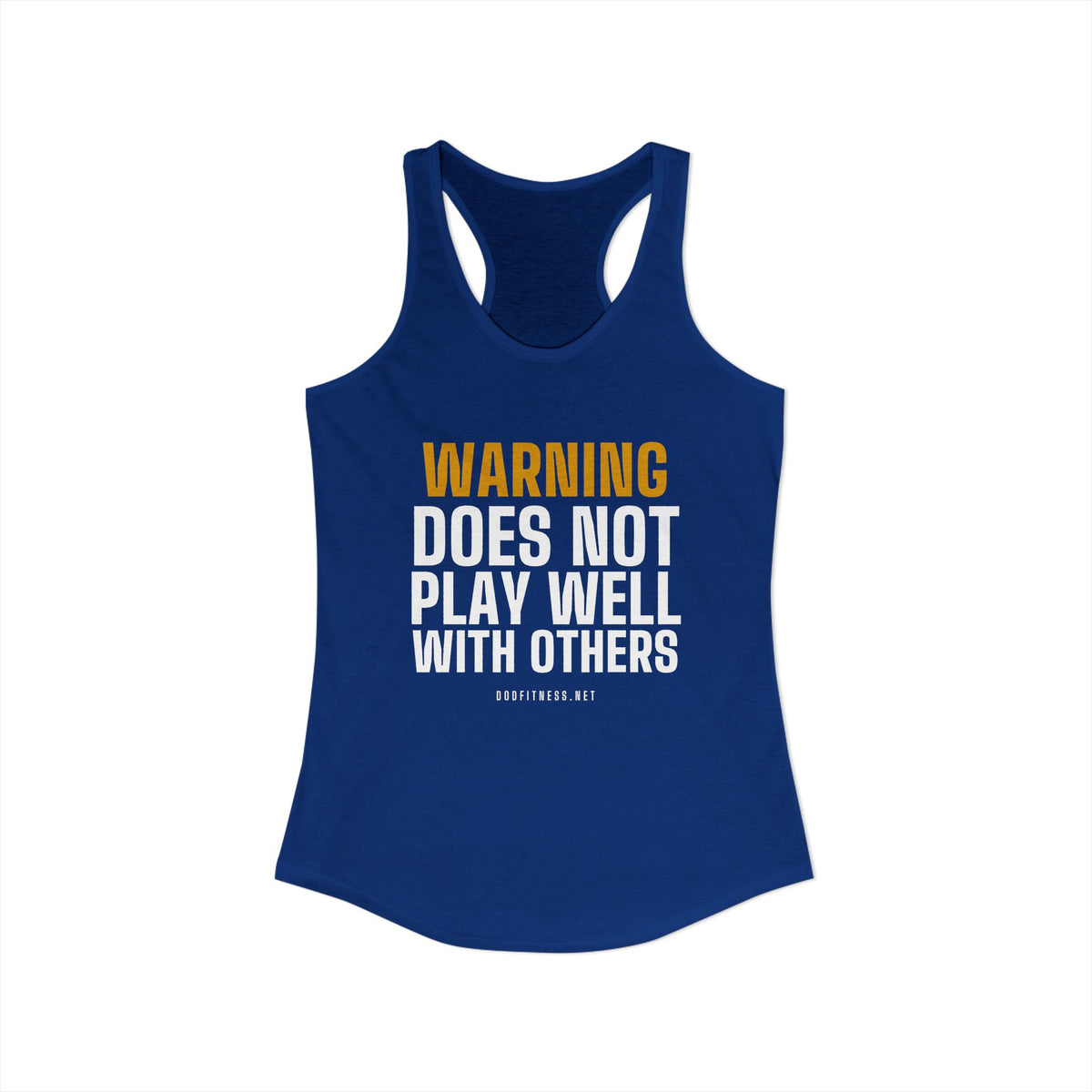 Warning Label women's racerback tank in Solid Royal - funny gym tank by DoD Fitness