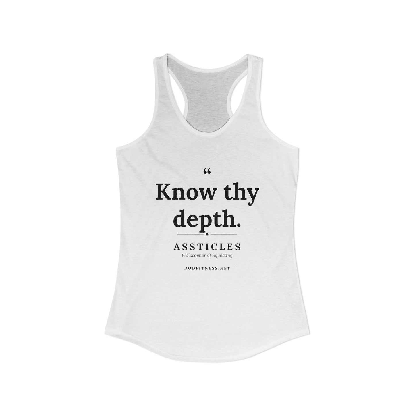 Assticles - Know Thy Depth women's racerback tank in Solid White - funny gym tank by DoD Fitness
