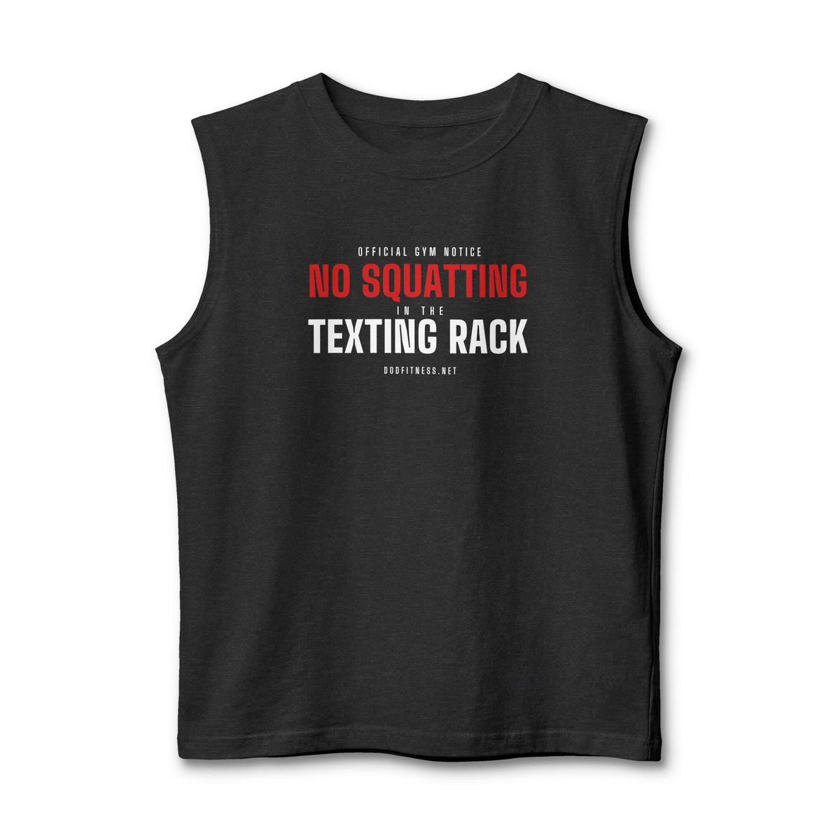 No Squatting Texting Rack stringer tank in Dark Grey Heather - funny gym tank by DoD Fitness