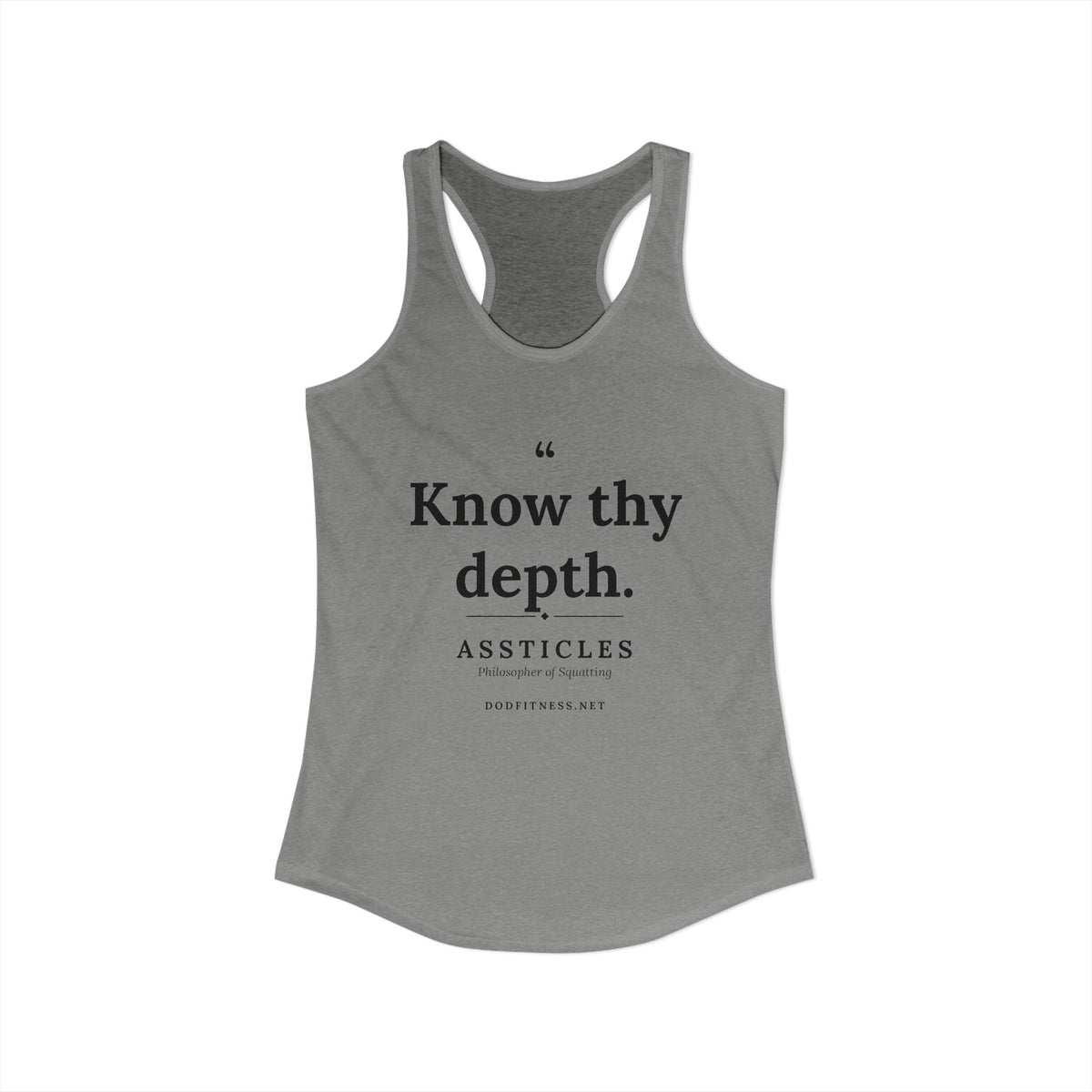 Assticles - Know Thy Depth women's racerback tank in Heather Grey - funny gym tank by DoD Fitness