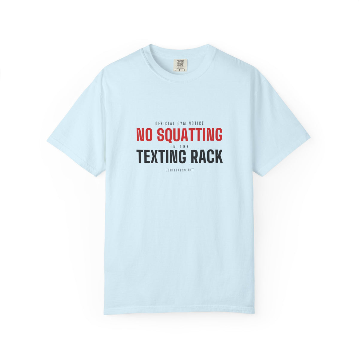 No Squatting Texting Rack men's tee in Chambray - funny gym shirt by DoD Fitness