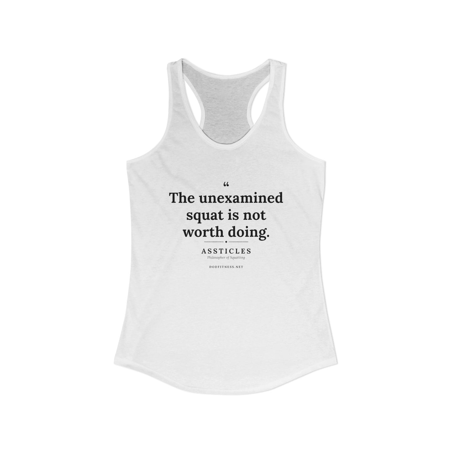 Assticles - The Unexamined Squat women's racerback tank in Solid White - funny gym tank by DoD Fitness