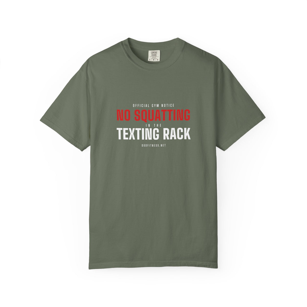 No Squatting Texting Rack men's tee in Blue Spruce - funny gym shirt by DoD Fitness