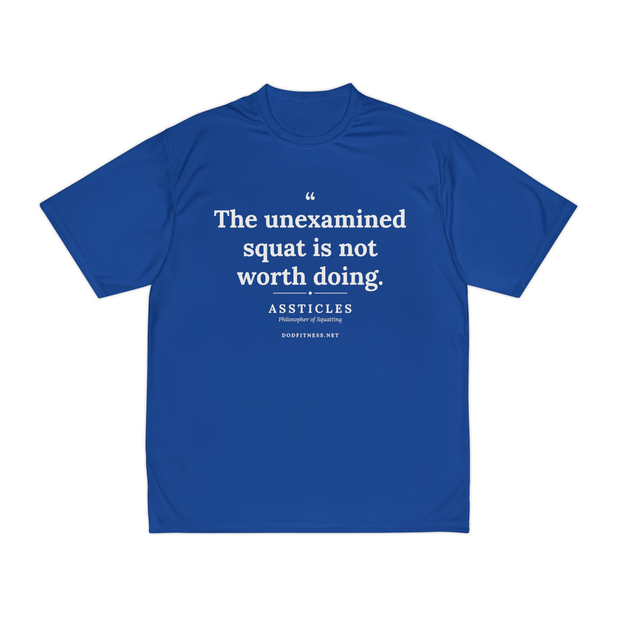 Assticles - The Unexamined Squat performance tee in Royal - funny gym shirt by DoD Fitness