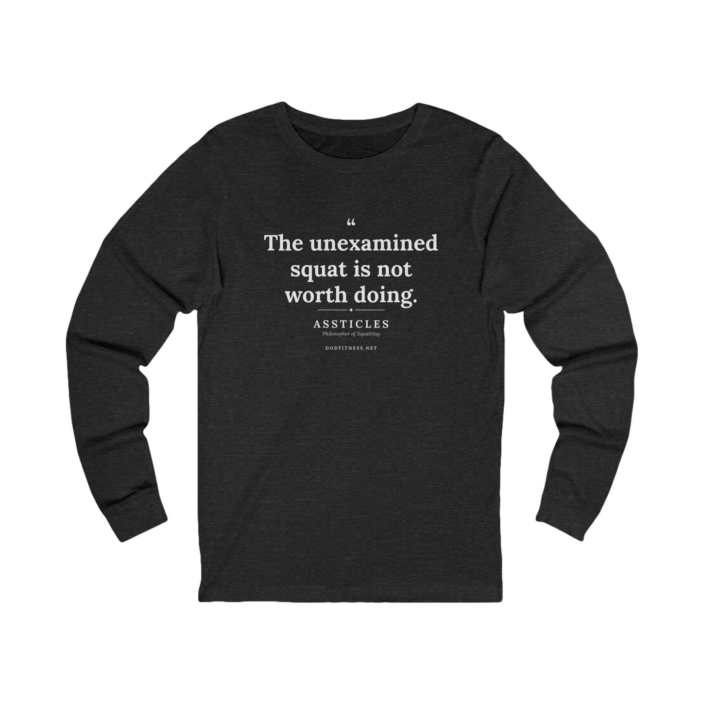 Assticles - The Unexamined Squat long sleeve tee in Dark Grey Heather - funny gym shirt by DoD Fitness