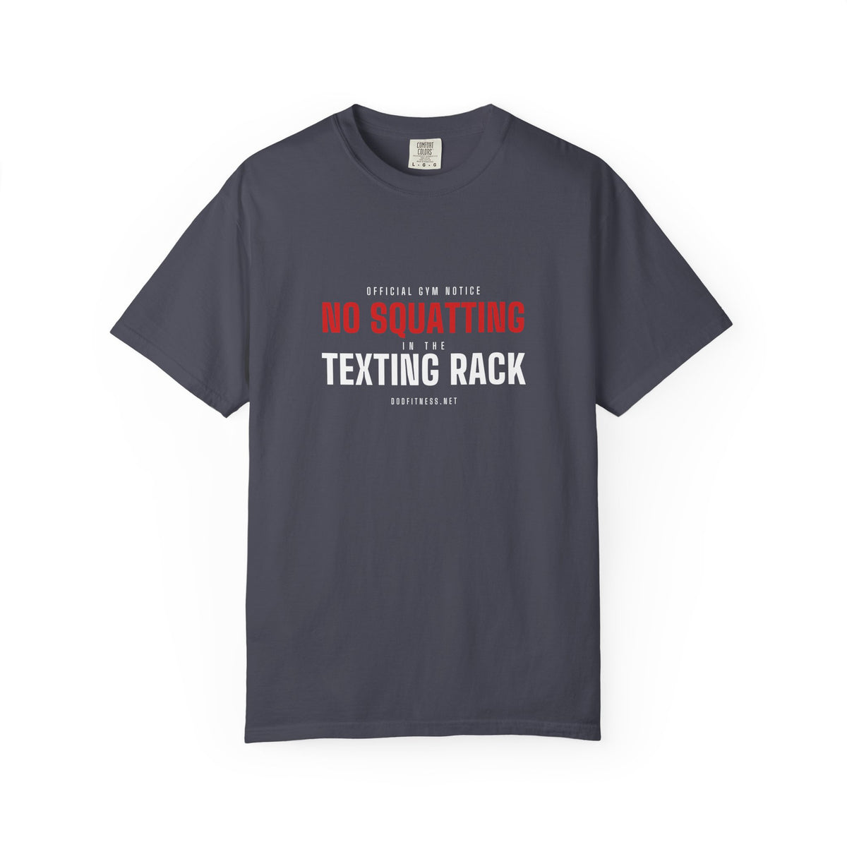 No Squatting Texting Rack men's tee in Navy - funny gym shirt by DoD Fitness