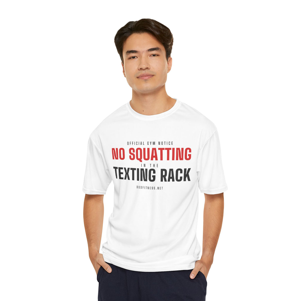 No Squatting Texting Rack performance tee - funny gym shirt by DoD Fitness