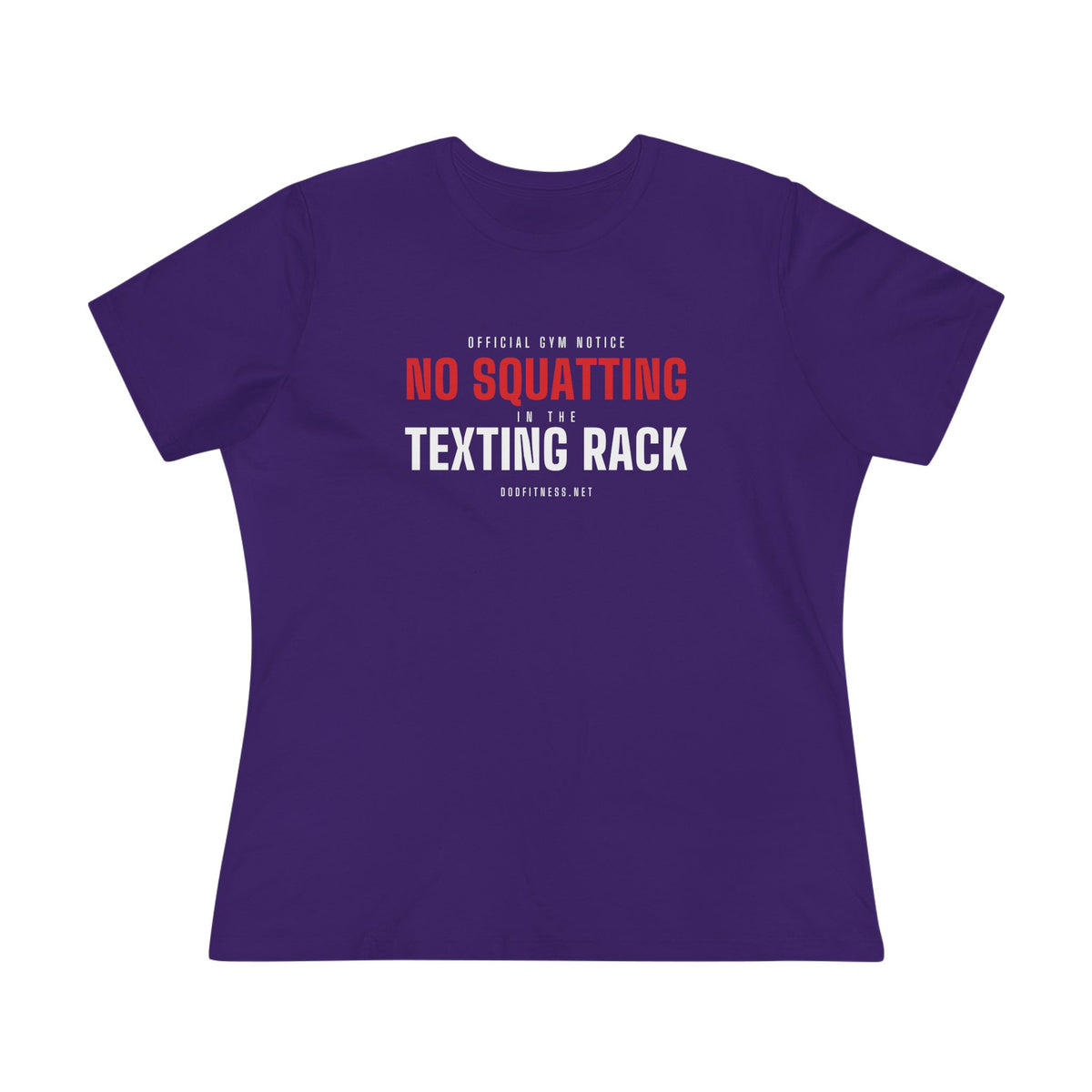 No Squatting Texting Rack women's tee in Navy - funny gym shirt by DoD Fitness