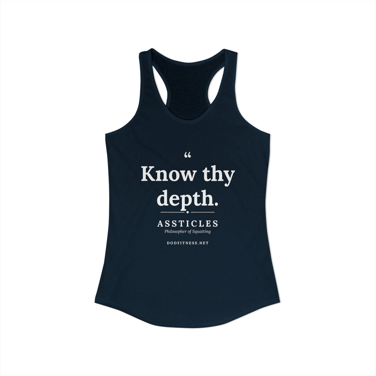 Assticles - Know Thy Depth women's racerback tank in Solid Midnight Navy - funny gym tank by DoD Fitness