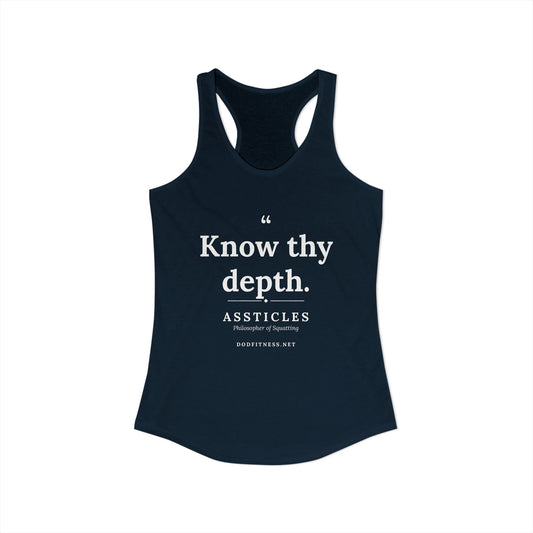 Assticles - Know Thy Depth women's racerback tank in Solid Midnight Navy - funny gym tank by DoD Fitness