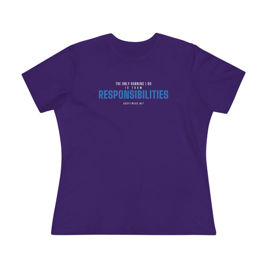 Running From Responsibilities women's tee in Team Purple - funny gym shirt by DoD Fitness