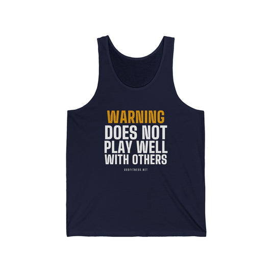 Warning Label men's tank in Navy - funny gym tank by DoD Fitness