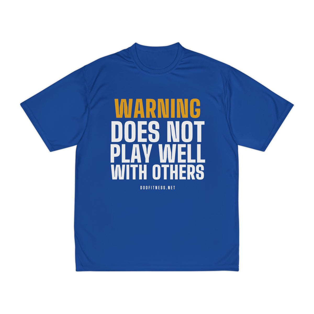 Warning Label performance tee in Royal - funny gym shirt by DoD Fitness