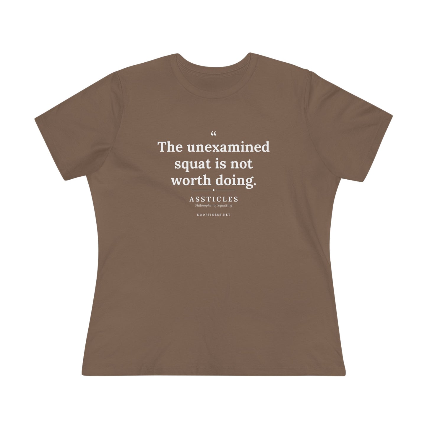 Assticles - The Unexamined Squat women's tee in Vintage Brown - funny gym shirt by DoD Fitness