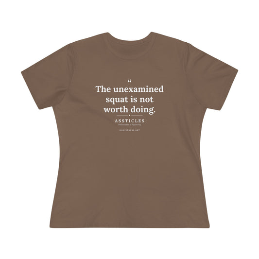Assticles - The Unexamined Squat women's tee in Vintage Brown - funny gym shirt by DoD Fitness