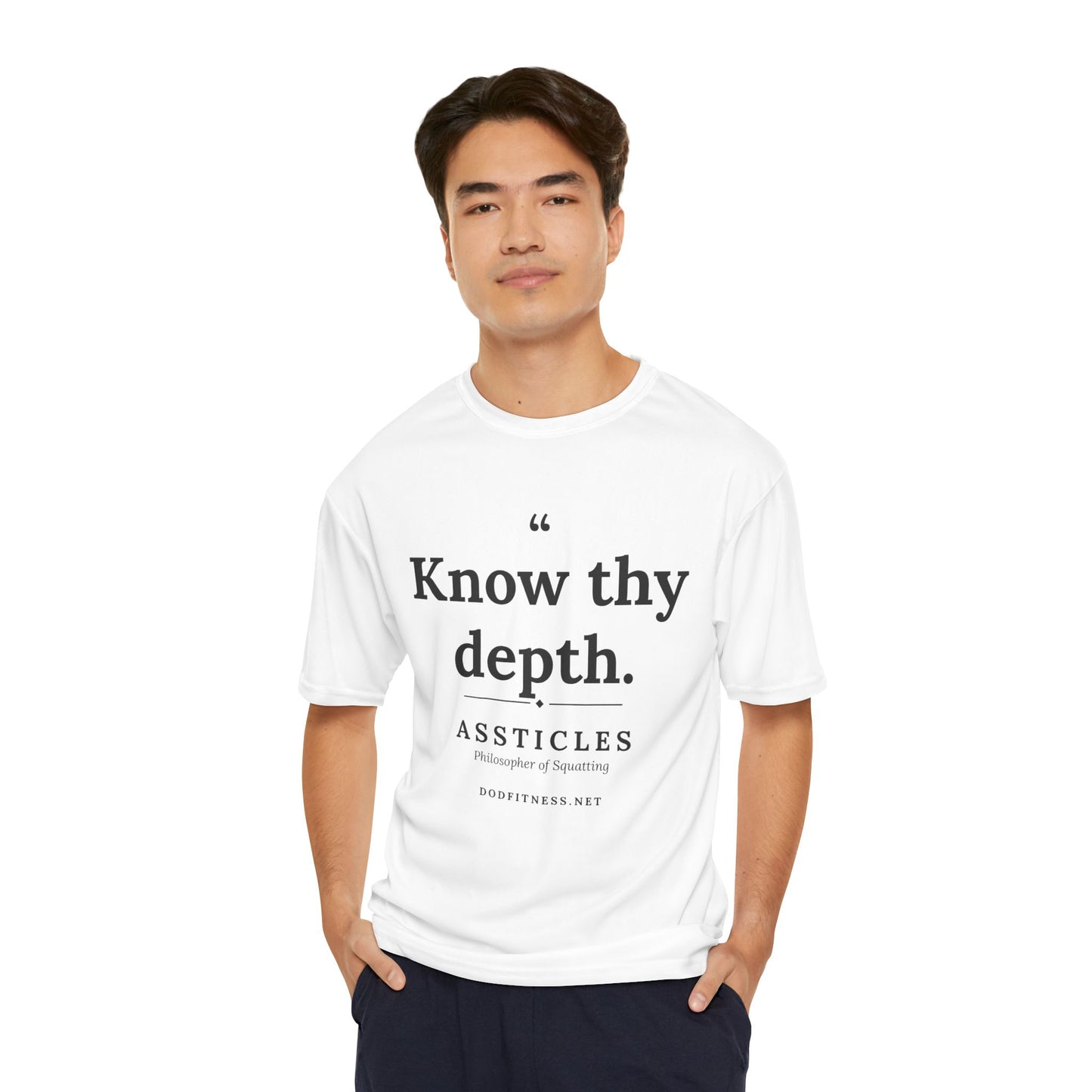 Assticles - Know Thy Depth performance tee in White - funny gym shirt by DoD Fitness