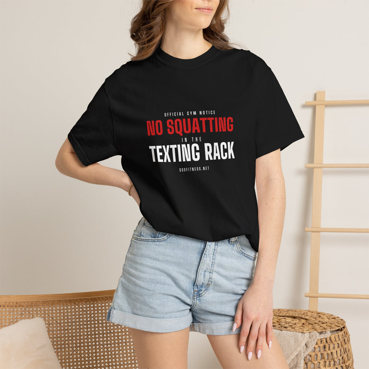 No Squatting Texting Rack men's tee - funny gym shirt by DoD Fitness