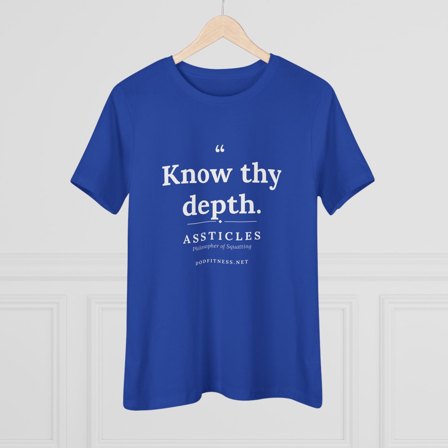 Assticles - Know Thy Depth women's tee in True Royal - funny gym shirt by DoD Fitness