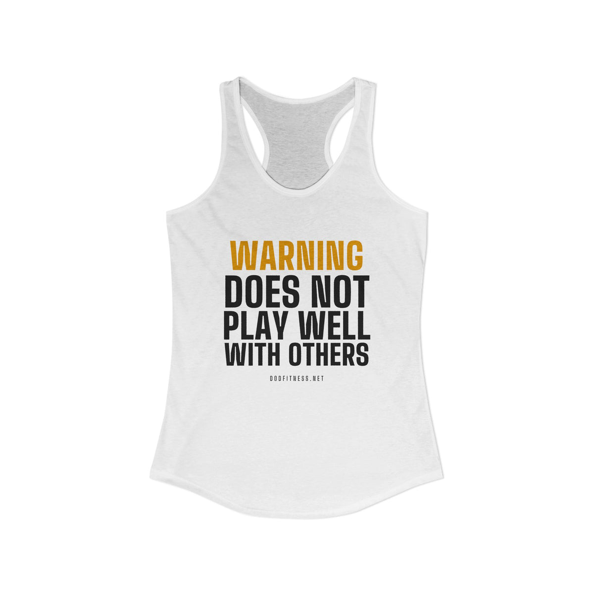 Warning Label women's racerback tank in Solid White - funny gym tank by DoD Fitness