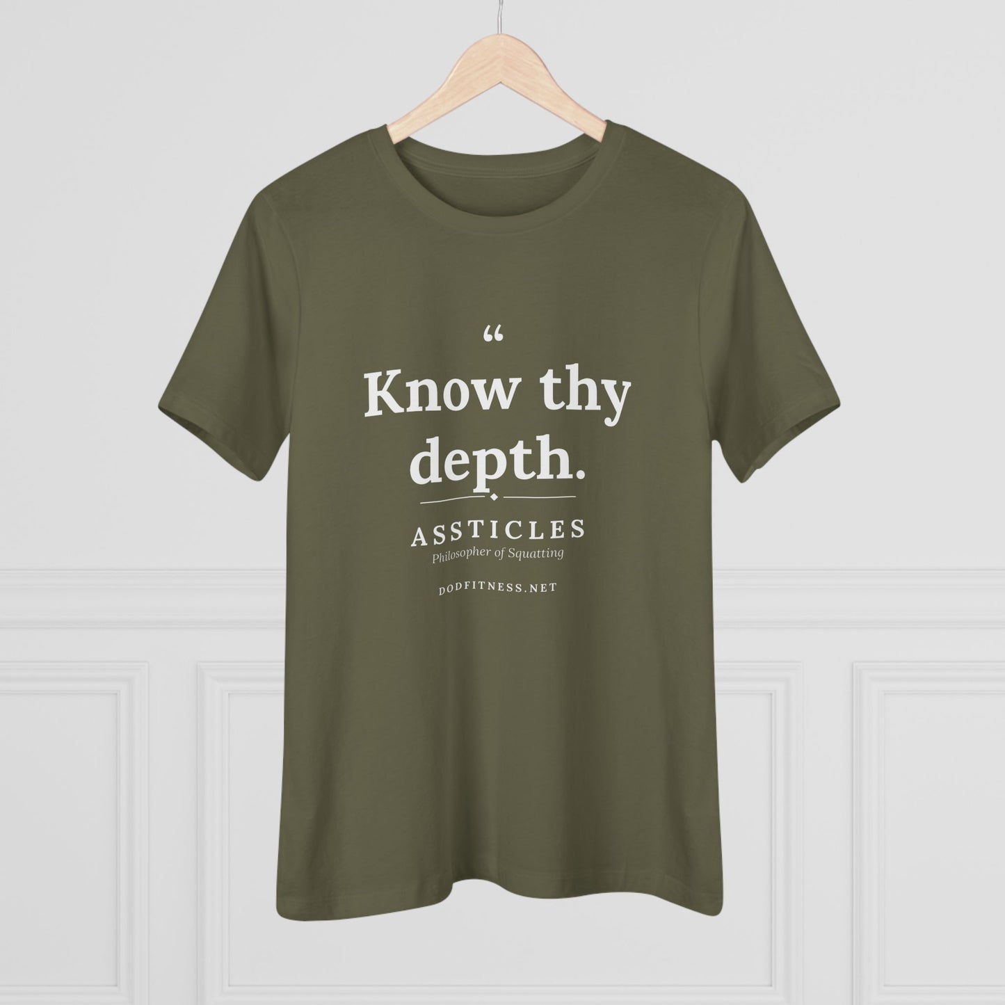 Assticles - Know Thy Depth women's tee in Military Green - funny gym shirt by DoD Fitness