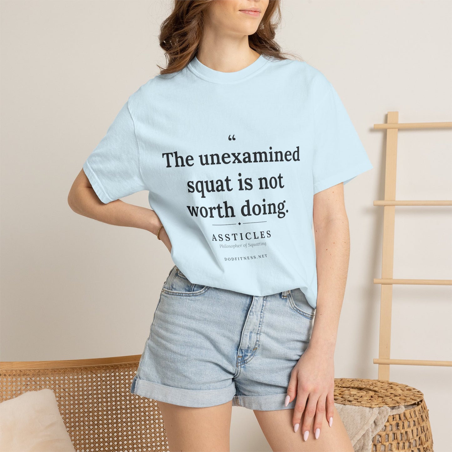Assticles - The Unexamined Squat men's tee in Chambray - funny gym shirt by DoD Fitness