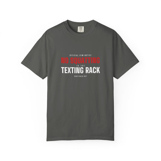 No Squatting Texting Rack men's tee in Pepper - funny gym shirt by DoD Fitness