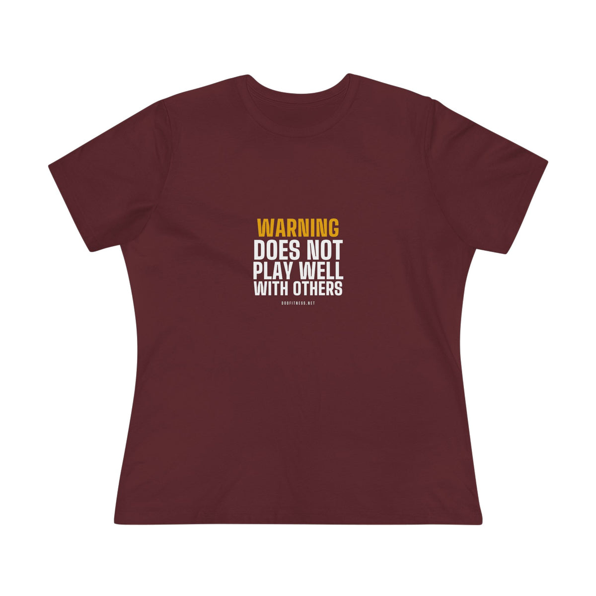 Warning Label women's tee in Maroon - funny gym shirt by DoD Fitness