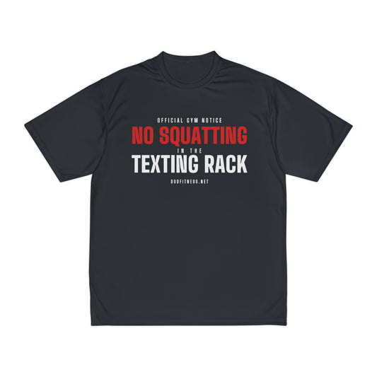 No Squatting Texting Rack performance tee in Black - funny gym shirt by DoD Fitness