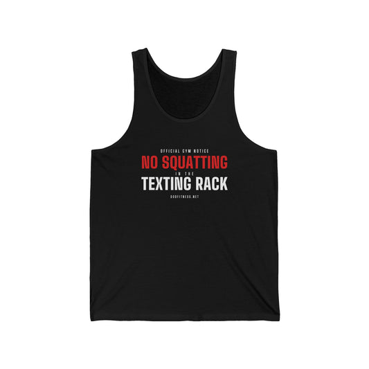 No Squatting Texting Rack men's tank in Black - funny gym tank by DoD Fitness