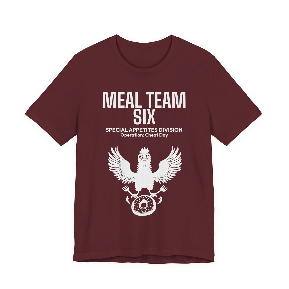 MEAL Team 6 - Operation: Cheat Day men's tee in Maroon - funny gym shirt by DoD Fitness