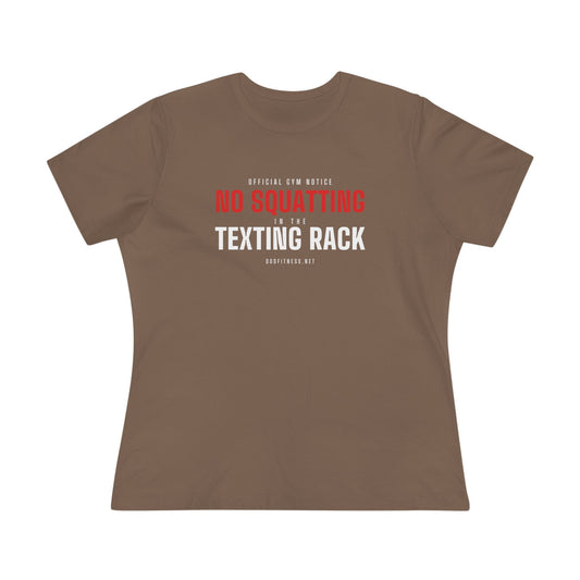 No Squatting Texting Rack women's tee in Vintage Brown - funny gym shirt by DoD Fitness