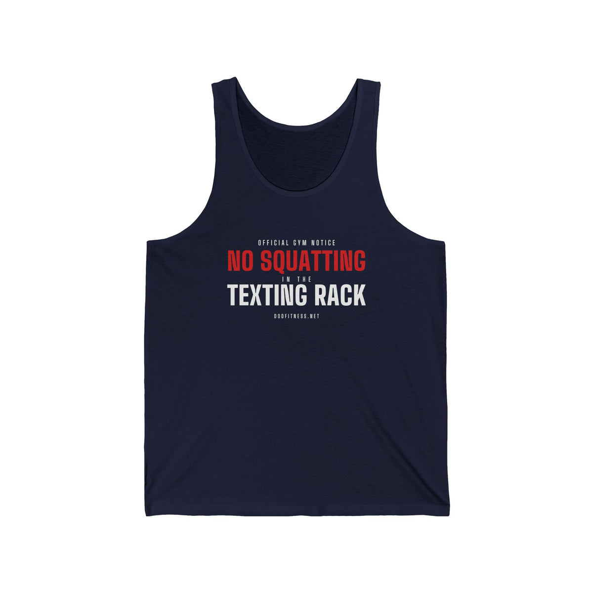 No Squatting Texting Rack men's tank in Navy - funny gym tank by DoD Fitness