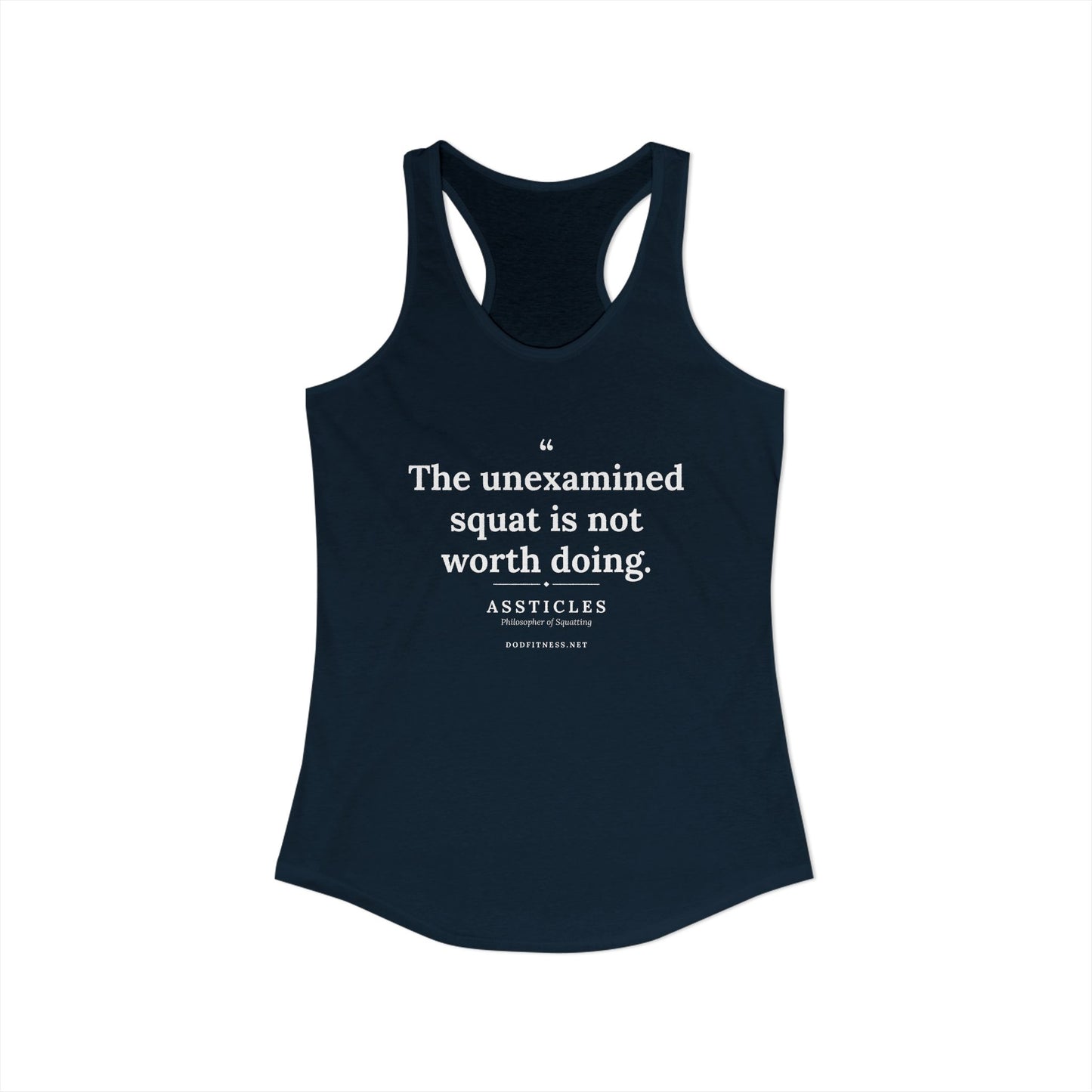 Assticles - The Unexamined Squat women's racerback tank in Solid Midnight Navy - funny gym tank by DoD Fitness