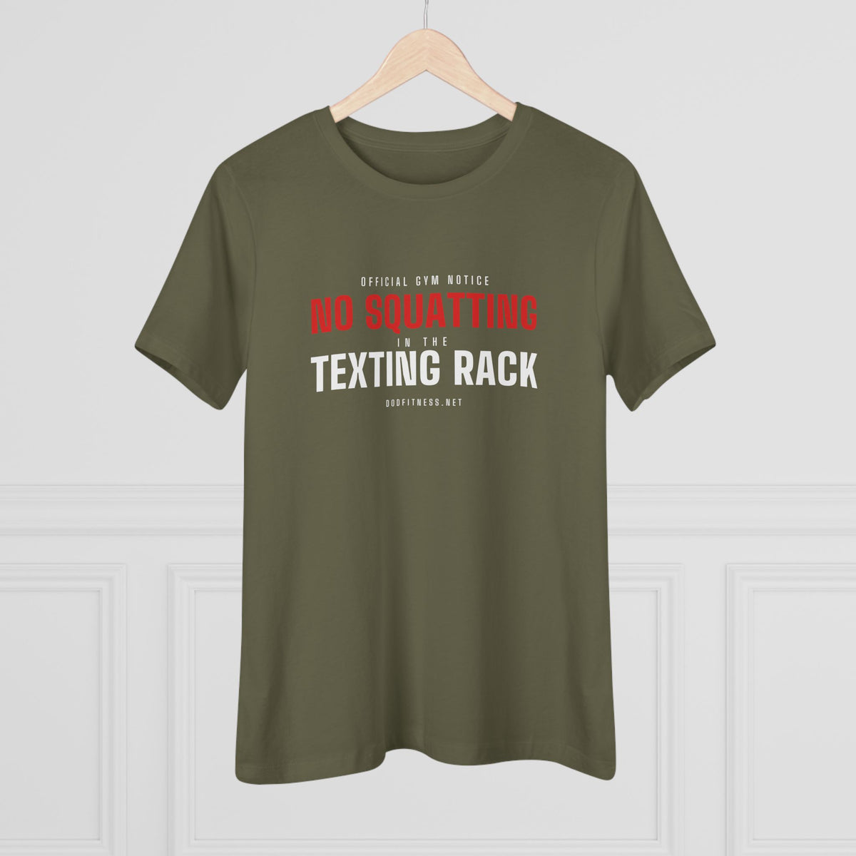 No Squatting Texting Rack women's tee - funny gym shirt by DoD Fitness