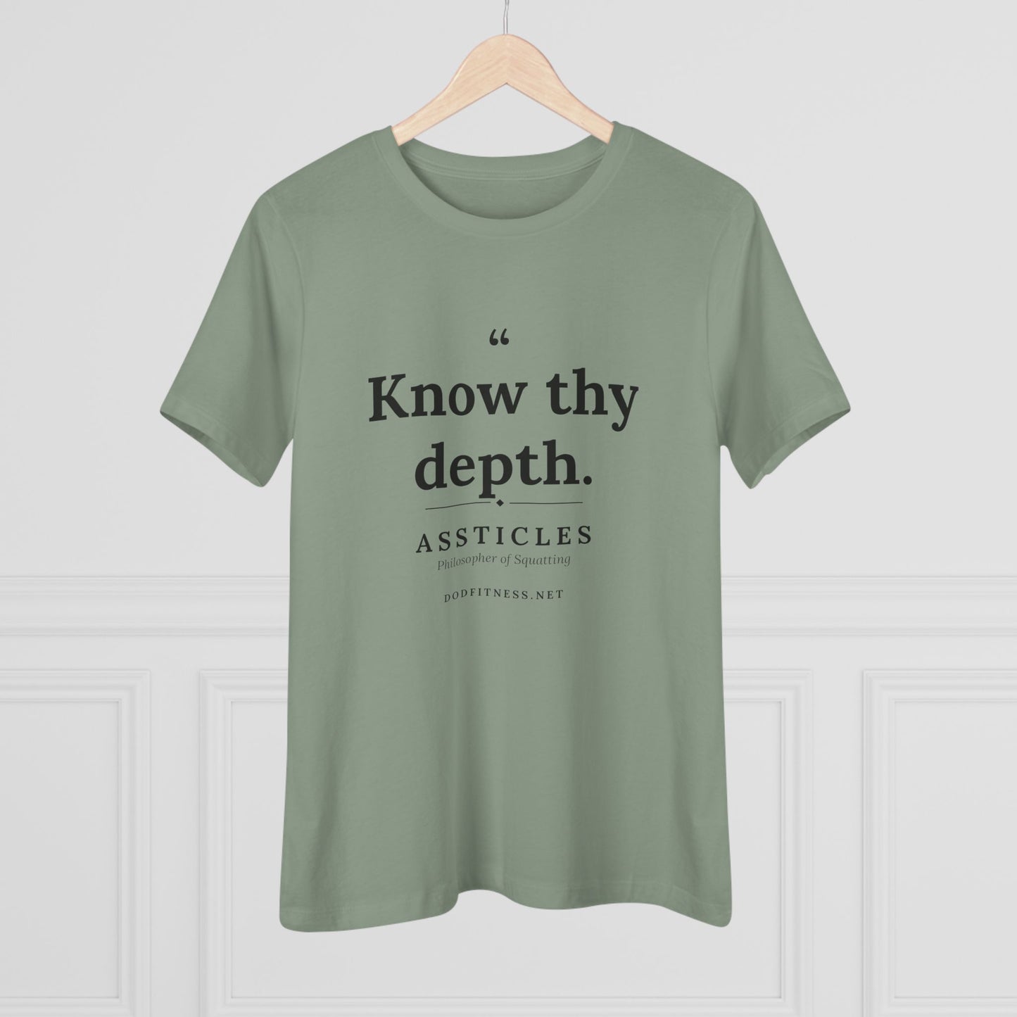 Assticles - Know Thy Depth women's tee in Sage - funny gym shirt by DoD Fitness