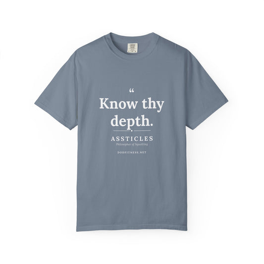 Assticles - Know Thy Depth men's tee in Blue Jean - funny gym shirt by DoD Fitness