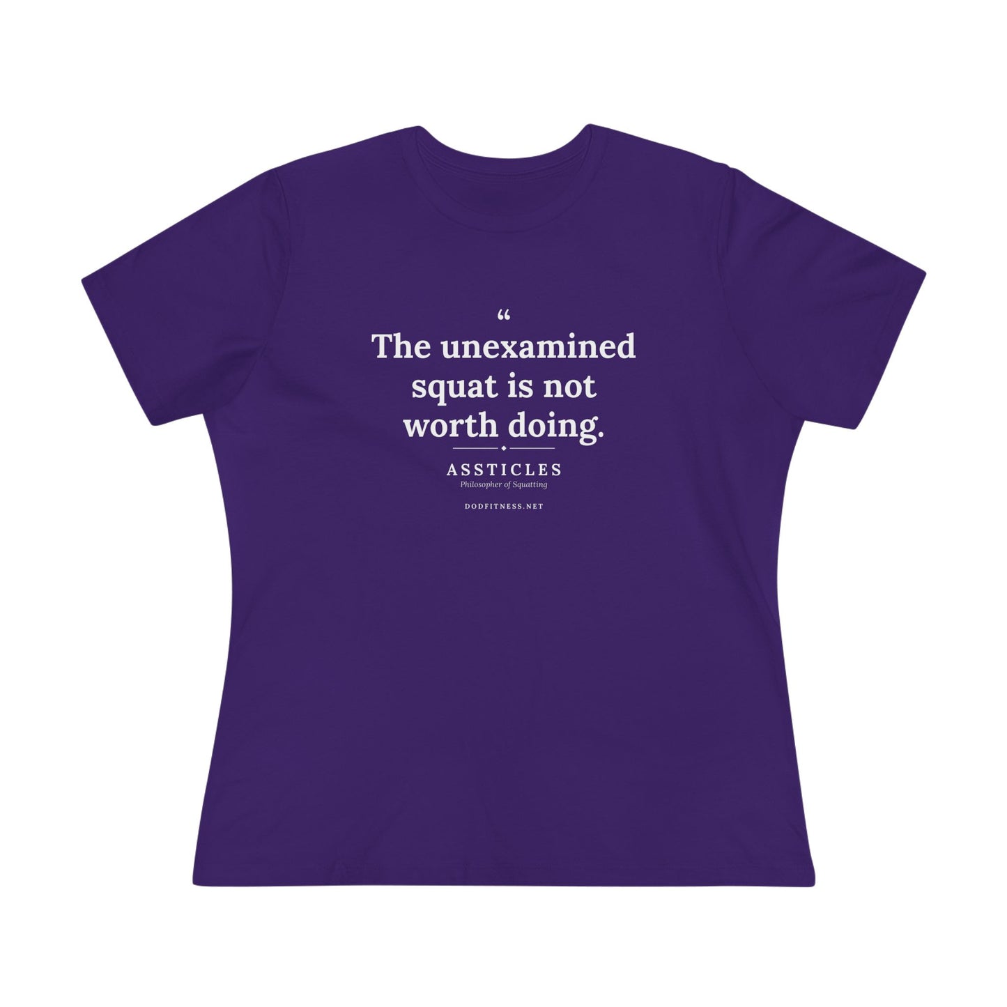 Assticles - The Unexamined Squat women's tee in Team Purple - funny gym shirt by DoD Fitness