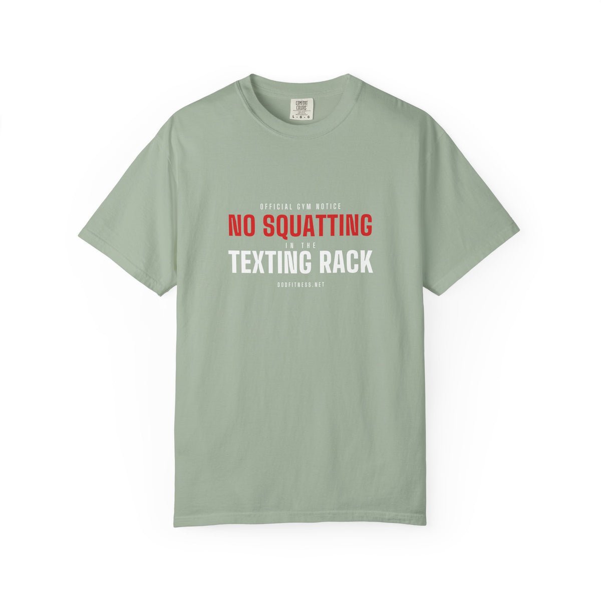 No Squatting Texting Rack men's tee in Bay - funny gym shirt by DoD Fitness
